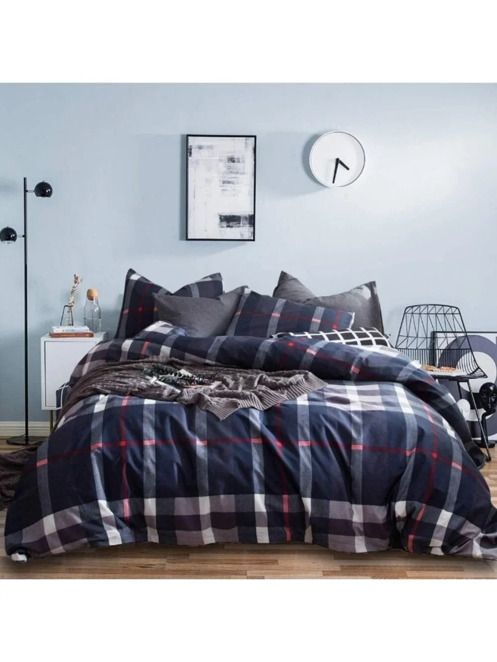 Navy Blue Plaid Comforter Set Full - Vintage Buffalo Check Bedding for Teen Boys
